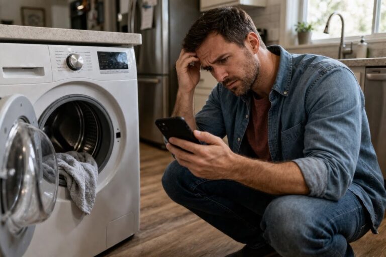 Homeowner checking a washing machine problem while looking at a smartphone in a kitchen laundry area