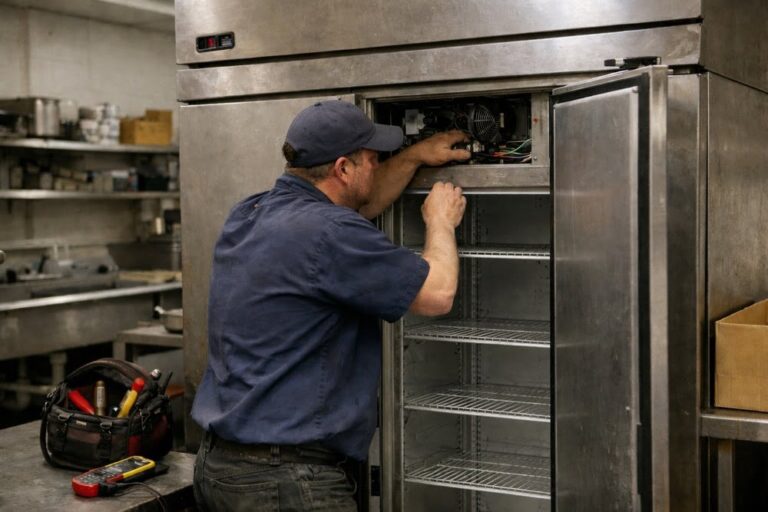 Technician repairing a commercial stainless steel refrigerator in a restaurant kitchen