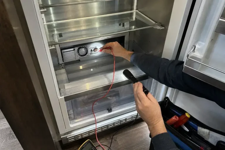 Technician diagnosing a Sub-Zero refrigerator cooling problem inside a built-in unit