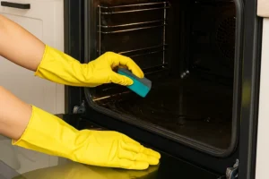 Hands in yellow rubber gloves cleaning an oven interior with a soft sponge