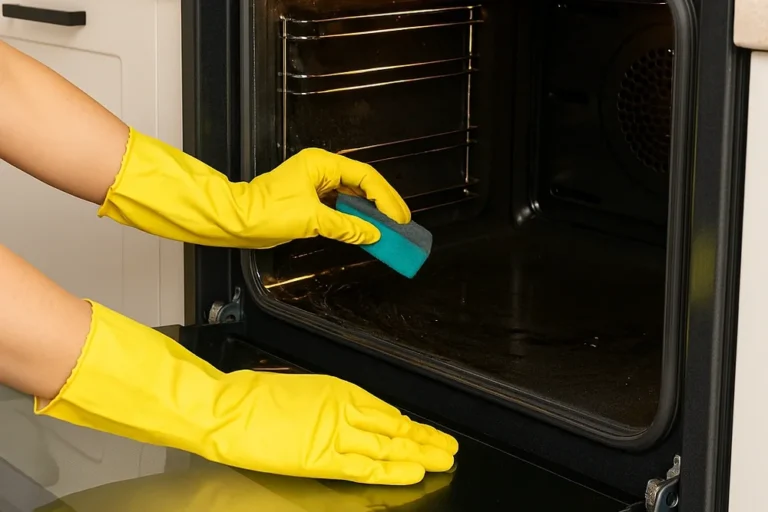 Hands in yellow rubber gloves cleaning an oven interior with a soft sponge